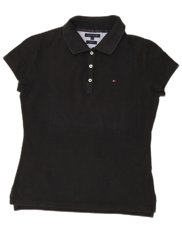 Tommy Hilfiger Womens Slim Fit Polo Shirt UK 14 Large Black Cotton