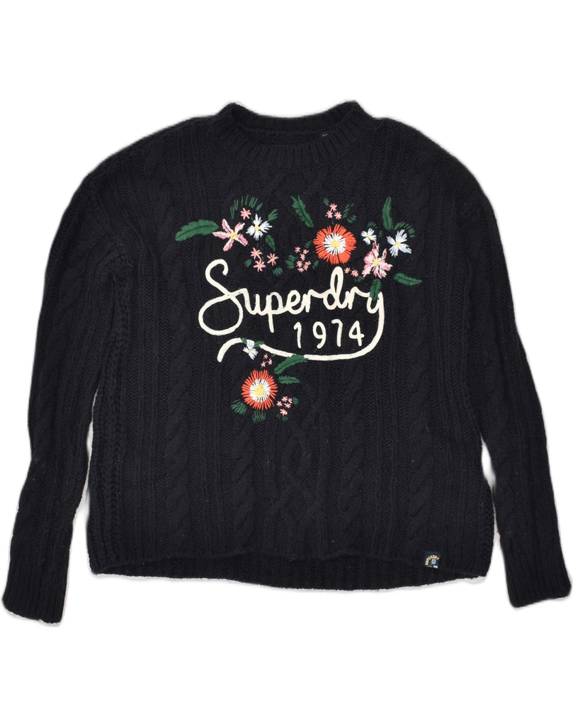 SUPERDRY Womens Graphic Crew Neck Jumper Sweater UK 6 XS Navy Blue Acrylic | Vintage Superdry | Thrift | Second-Hand Superdry | Used Clothing | Messina Hembry 