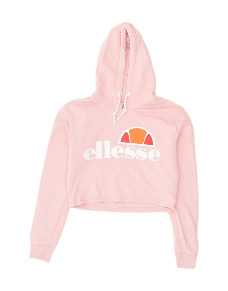 ELLESSE Womens Crop Graphic Hoodie Jumper UK 8 Small  Pink Cotton | Vintage Ellesse | Thrift | Second-Hand Ellesse | Used Clothing | Messina Hembry 