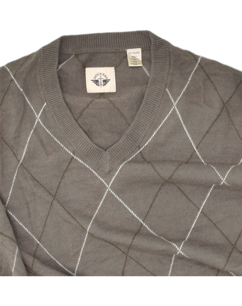 DOCKERS Mens V-Neck Jumper Sweater XL Grey Argyle/Diamond Acrylic | Vintage Dockers | Thrift | Second-Hand Dockers | Used Clothing | Messina Hembry 