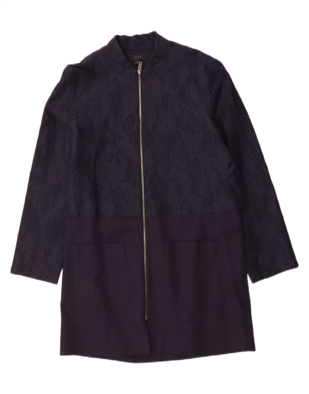 COS Womens Overcoat EU 40 Medium Navy Blue Camouflage Cotton