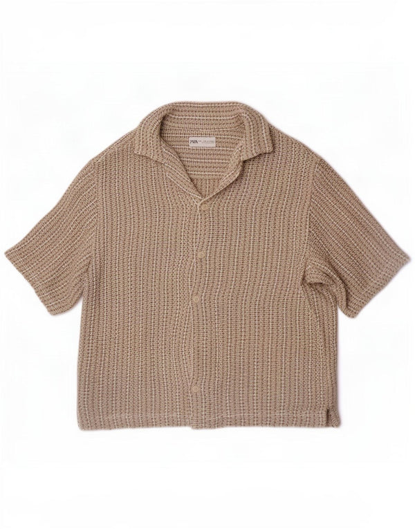 Zara Mens Short Sleeve Knit Shirt Medium Beige Cotton