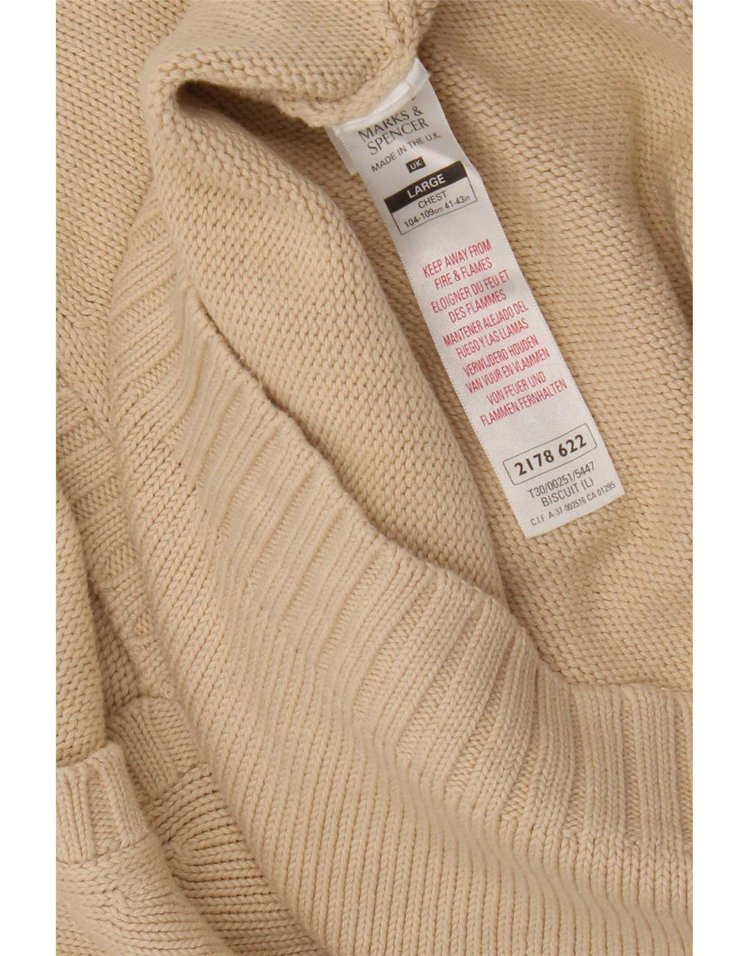 Marks & Spencer Mens V-Neck Jumper Sweater Large Beige Cotton