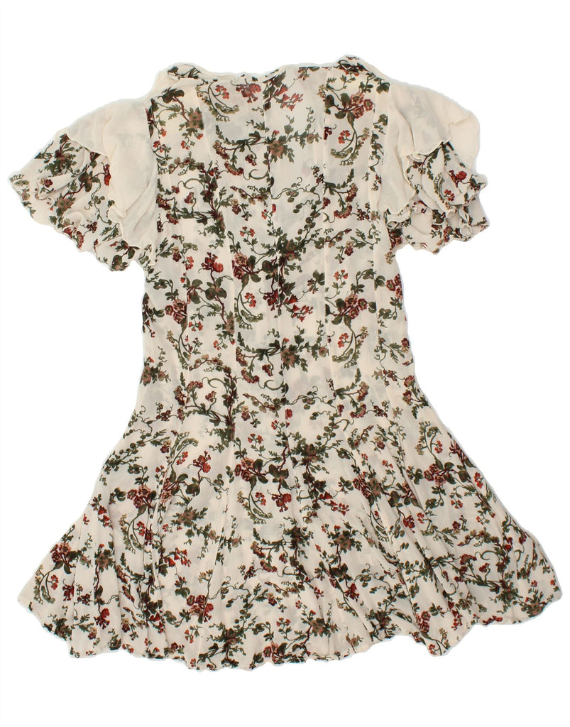 VINTAGE Womens Ruffle Front A-Line Dress UK 12 Medium Beige Floral | Vintage Vintage | Thrift | Second-Hand Vintage | Used Clothing | Messina Hembry 