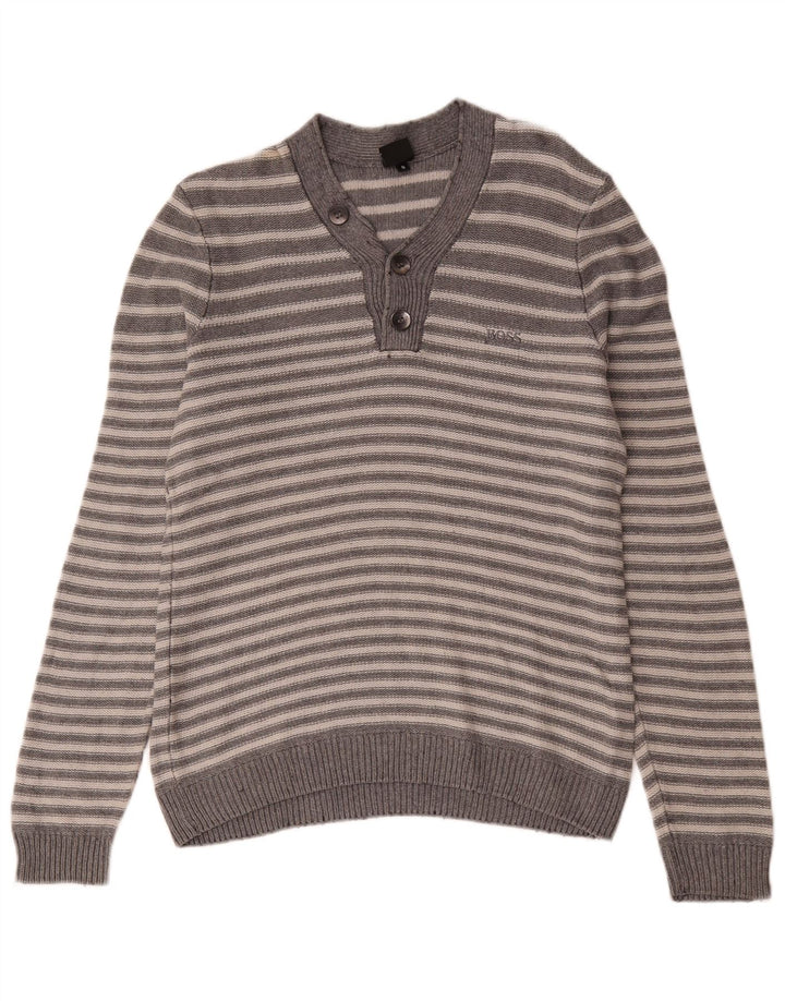Hugo Boss Mens V-Neck Jumper Sweater Small Grey Striped Cotton