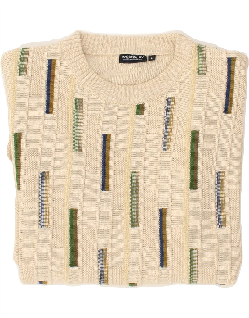 WESTBURY Mens Crew Neck Jumper Sweater Large Beige Striped New Wool Vintage WESTBURY and Second-Hand WESTBURY from Messina Hembry 