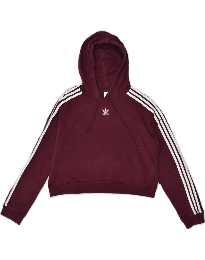 ADIDAS Womens Crop Hoodie Jumper UK 12 Medium  Burgundy Cotton | Vintage Adidas | Thrift | Second-Hand Adidas | Used Clothing | Messina Hembry 