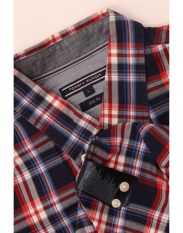 Tommy Hilfiger Mens Slim Fit Shirt Large Navy Blue Check Cotton