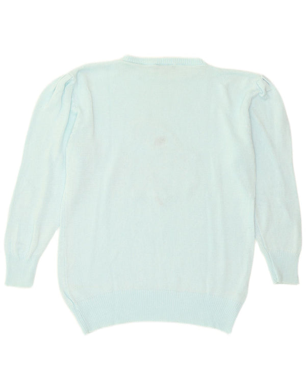 Vintage Womens Graphic Boat Neck Jumper Sweater EU 44 XL Turquoise Cotton