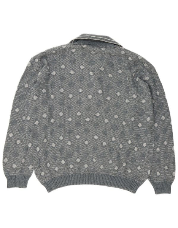 Vintage Mens Polo Neck Jumper Sweater Large Grey Geometric