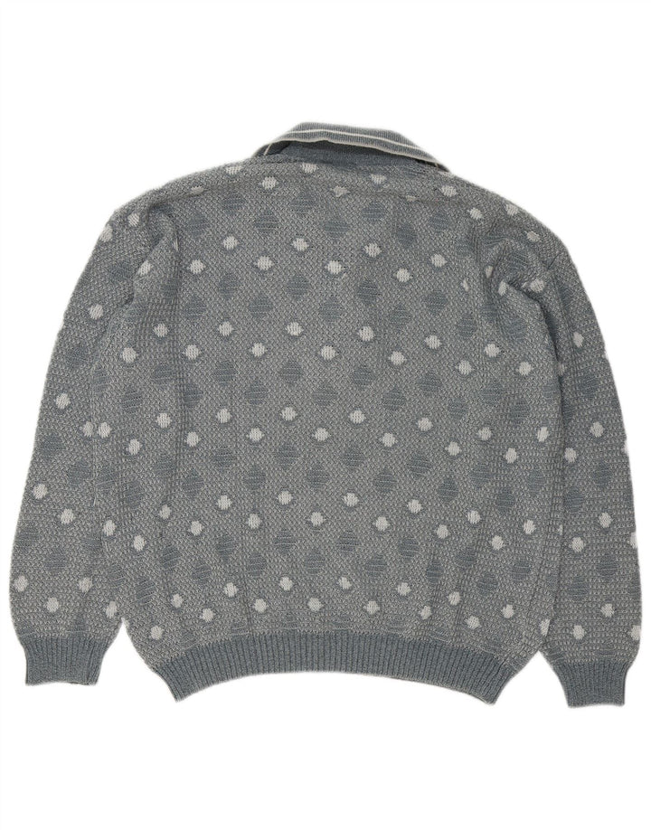 Vintage Mens Polo Neck Jumper Sweater Large Grey Geometric