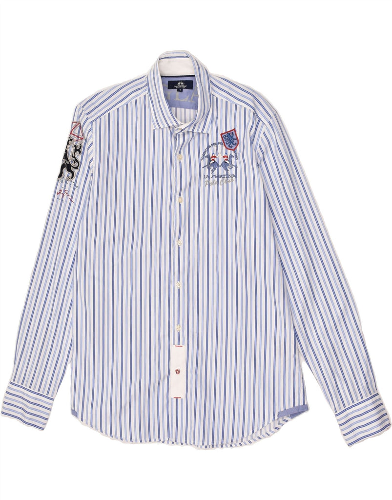 LA MARTINA Mens Graphic Shirt Medium Blue Striped Vintage La Martina and Second-Hand La Martina from Messina Hembry 