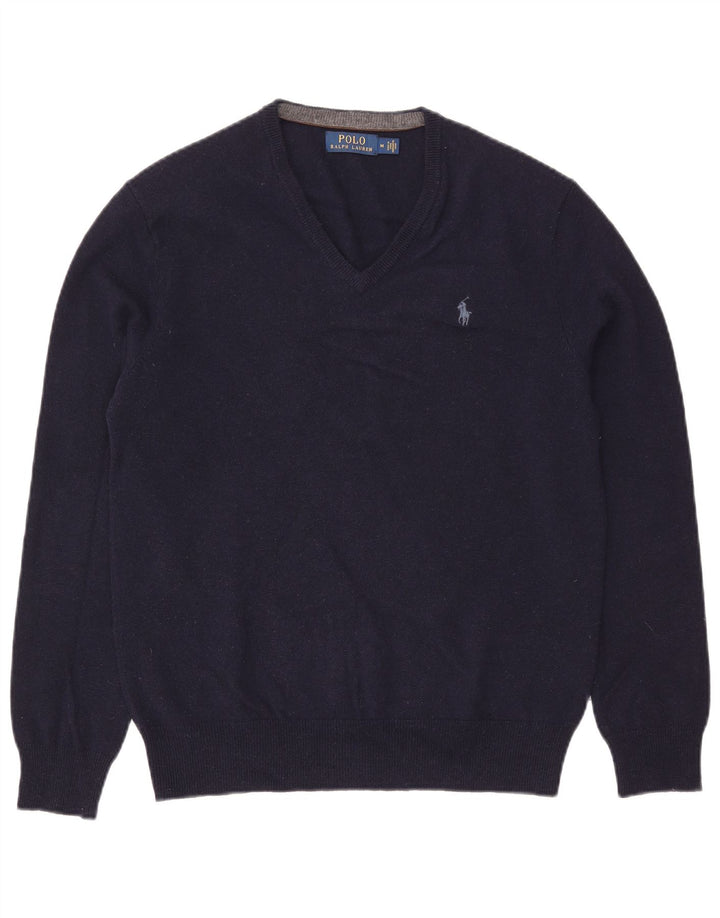 Polo Ralph Lauren Mens V-Neck Jumper Sweater Medium Navy Blue Wool