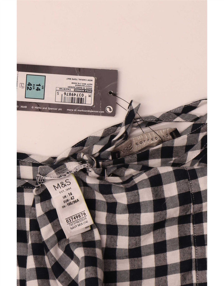 Marks & Spencer Womens Blouse Top UK 14 Large Navy Blue Gingham Cotton