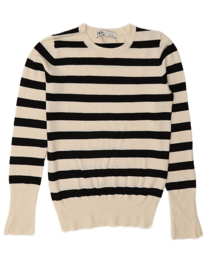 Zara Womens Crew Neck Jumper Sweater UK 10 Small White Striped