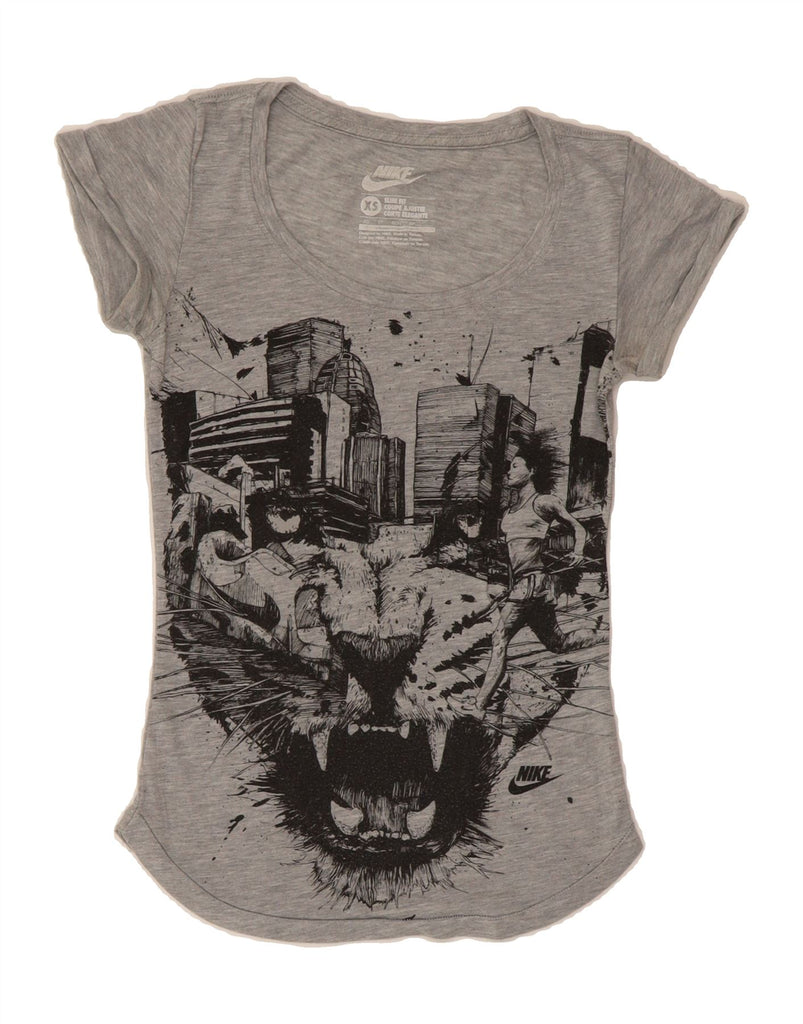NIKE Womens Slim Fit Graphic T-Shirt Top UK 6 XS Grey Flecked Vintage Nike and Second-Hand Nike from Messina Hembry 