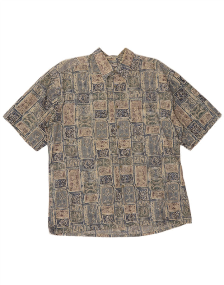 Pierre Cardin Mens Short Sleeve Shirt Large Blue Patchwork Cotton