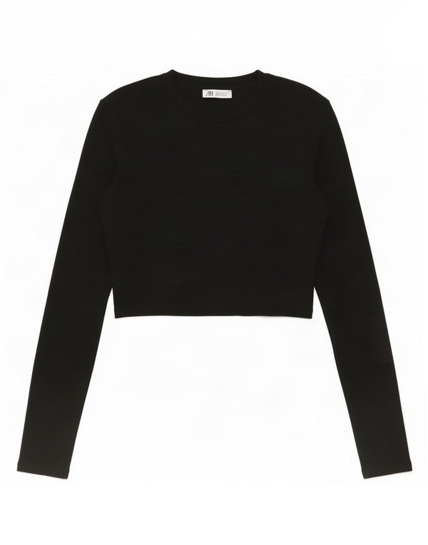 Zara Womens Crop Top Long Sleeve UK 12 Medium Black