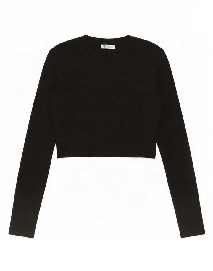Zara Womens Crop Top Long Sleeve UK 12 Medium Black