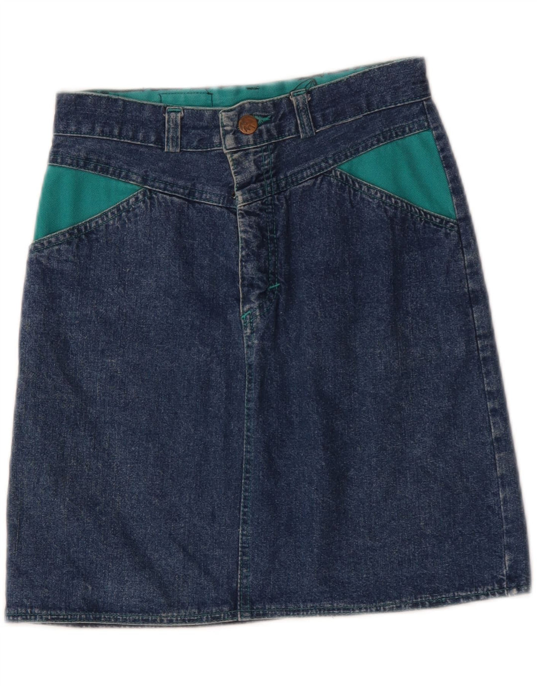 Vintage Womens Mini Denim Skirt W26 Small Navy Blue Colourblock