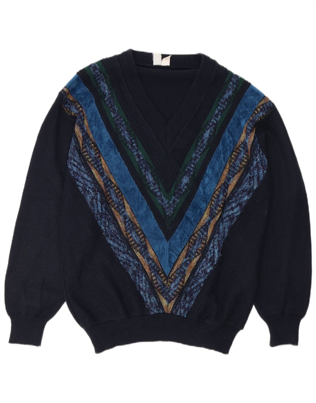 Vintage Mens V-Neck Jumper Sweater Large Navy Blue Geometric Polyacrylic