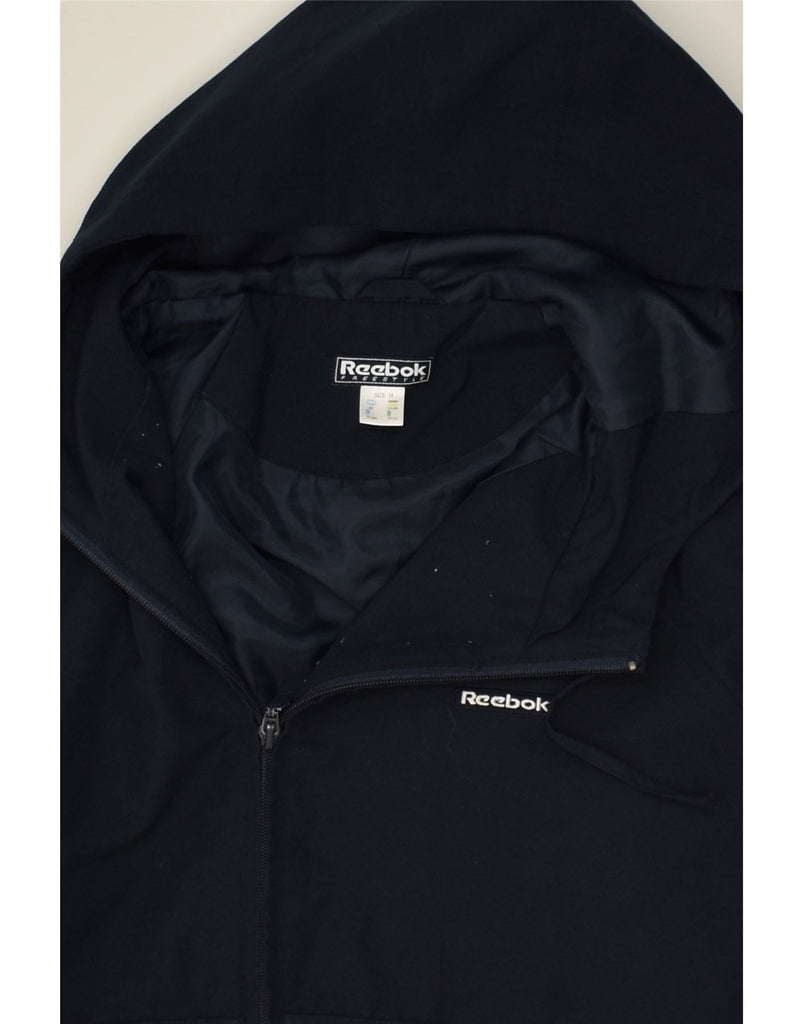 REEBOK Womens Hooded Tracksuit Top Jacket UK 14 Medium Navy Blue Polyester | Vintage Reebok | Thrift | Second-Hand Reebok | Used Clothing | Messina Hembry 