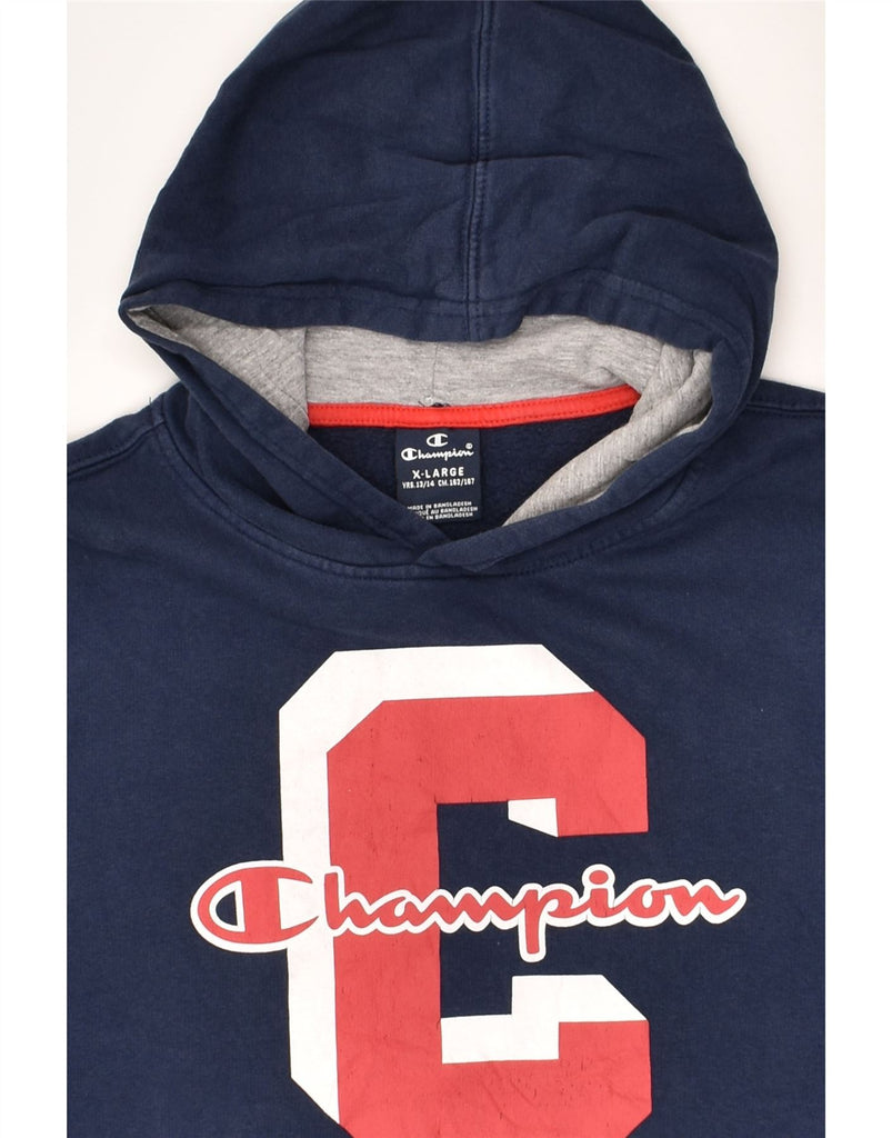 CHAMPION Boys Graphic Hoodie Jumper 13-14 Years XL Navy Blue Cotton | Vintage Champion | Thrift | Second-Hand Champion | Used Clothing | Messina Hembry 