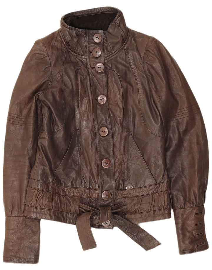 Numph Womens Leather Jacket UK 8 Small Brown Classic