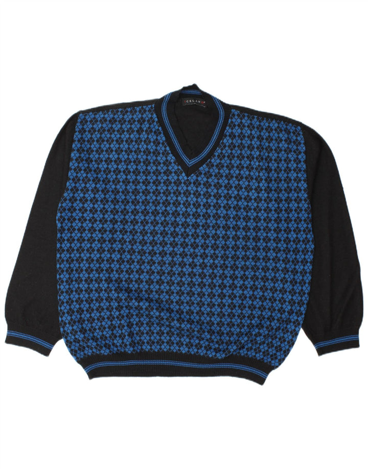 Iceland Mens V-Neck Jumper Sweater XL Blue Argyle/Diamond Wool