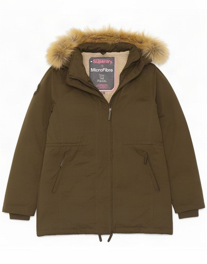 Superdry Womens Hooded Parka Jacket UK 16 Large Khaki Polyester