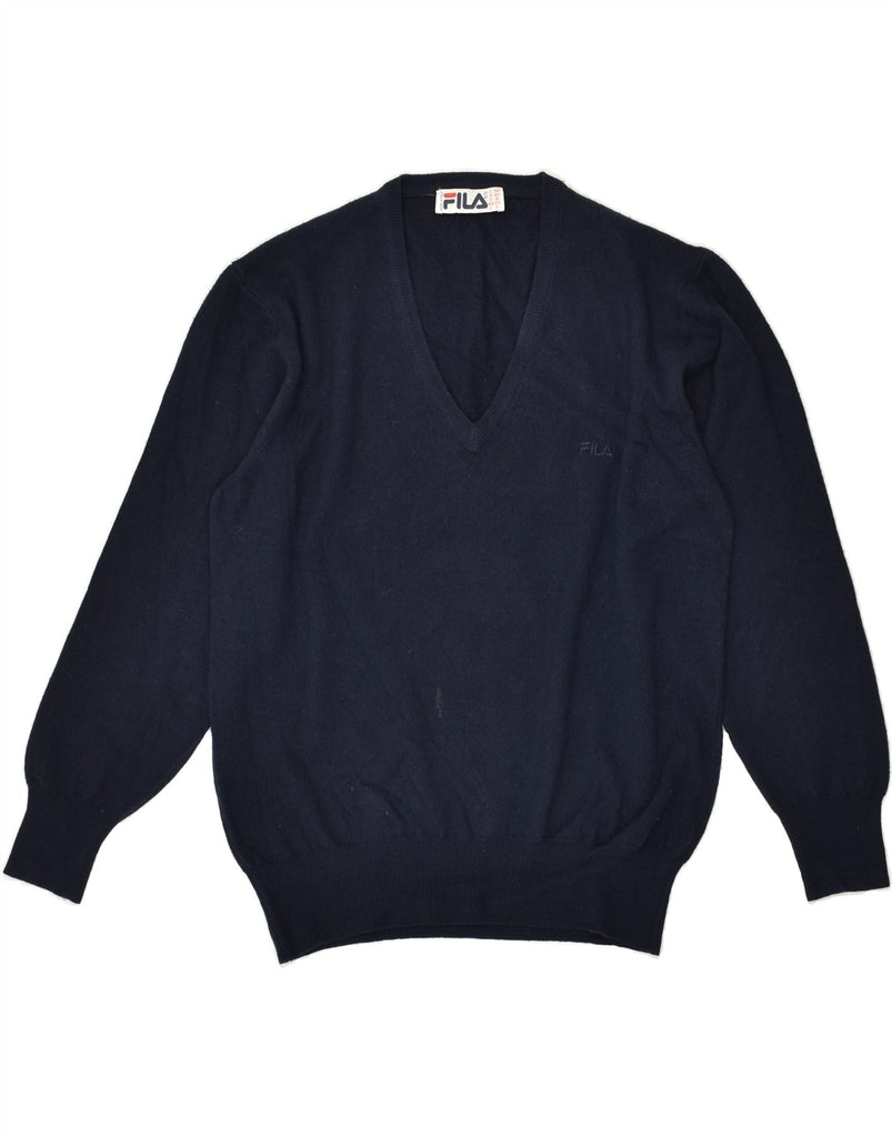 FILA Mens V-Neck Jumper Sweater IT 48 Medium Navy Blue Virgin Wool | Vintage Fila | Thrift | Second-Hand Fila | Used Clothing | Messina Hembry 