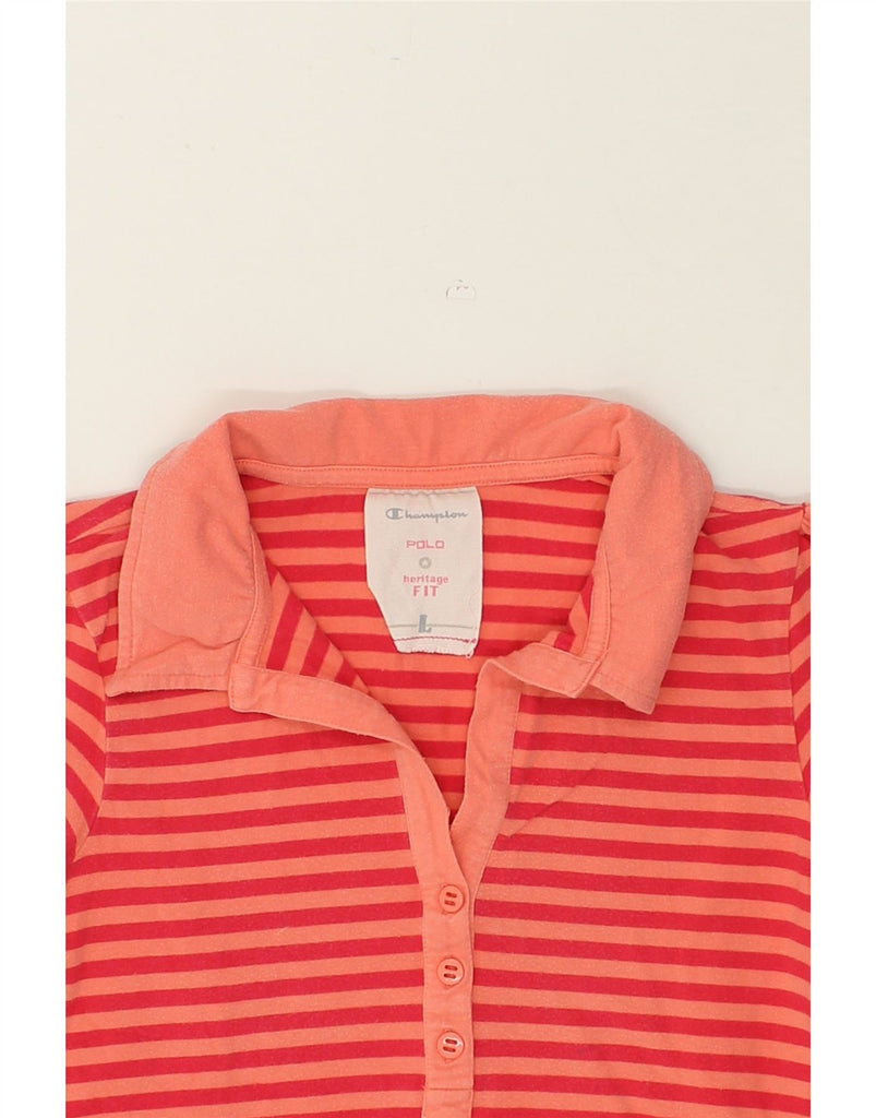 CHAMPION Womens Heritage Fit Polo Shirt UK 14 Large Red Striped | Vintage Champion | Thrift | Second-Hand Champion | Used Clothing | Messina Hembry 