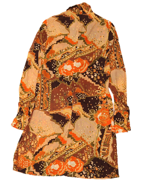 Vintage Womens Long Sleeve Shirt Dress UK 14 Medium Brown Floral Retro
