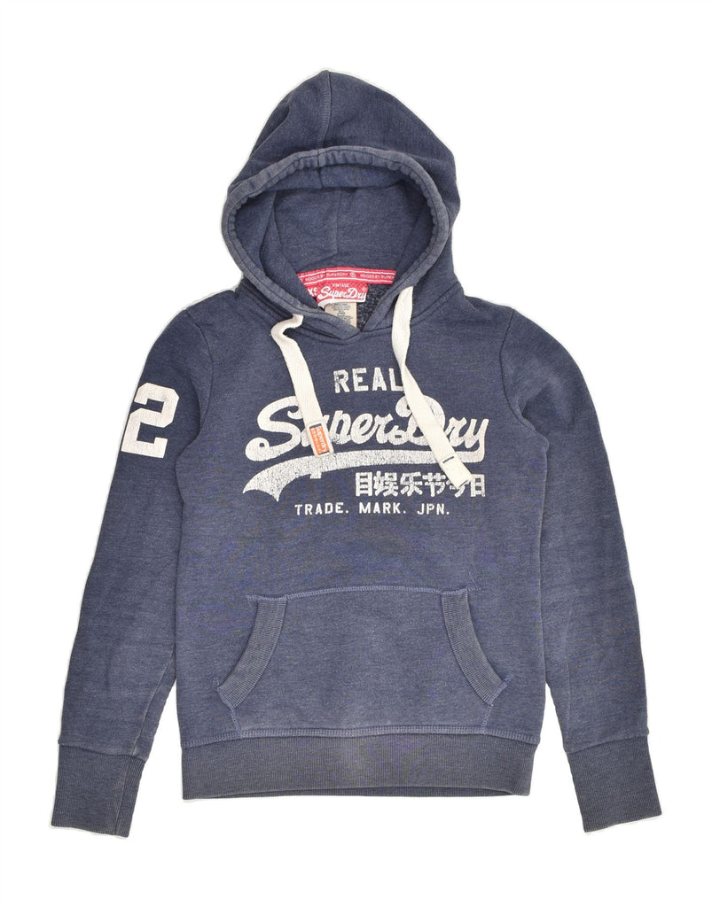 SUPERDRY Womens Graphic Hoodie Jumper UK 6 XS Navy Blue Cotton | Vintage Superdry | Thrift | Second-Hand Superdry | Used Clothing | Messina Hembry 