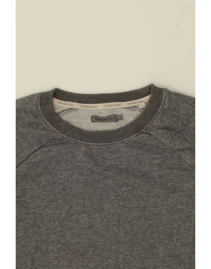 CALVIN KLEIN JEANS Womens Crop Graphic Sweatshirt Jumper UK 16 Large Grey Vintage Calvin Klein Jeans and Second-Hand Calvin Klein Jeans from Messina Hembry 