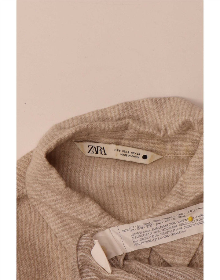 Zara Womens Shirt UK 10 Small Beige Striped Linen