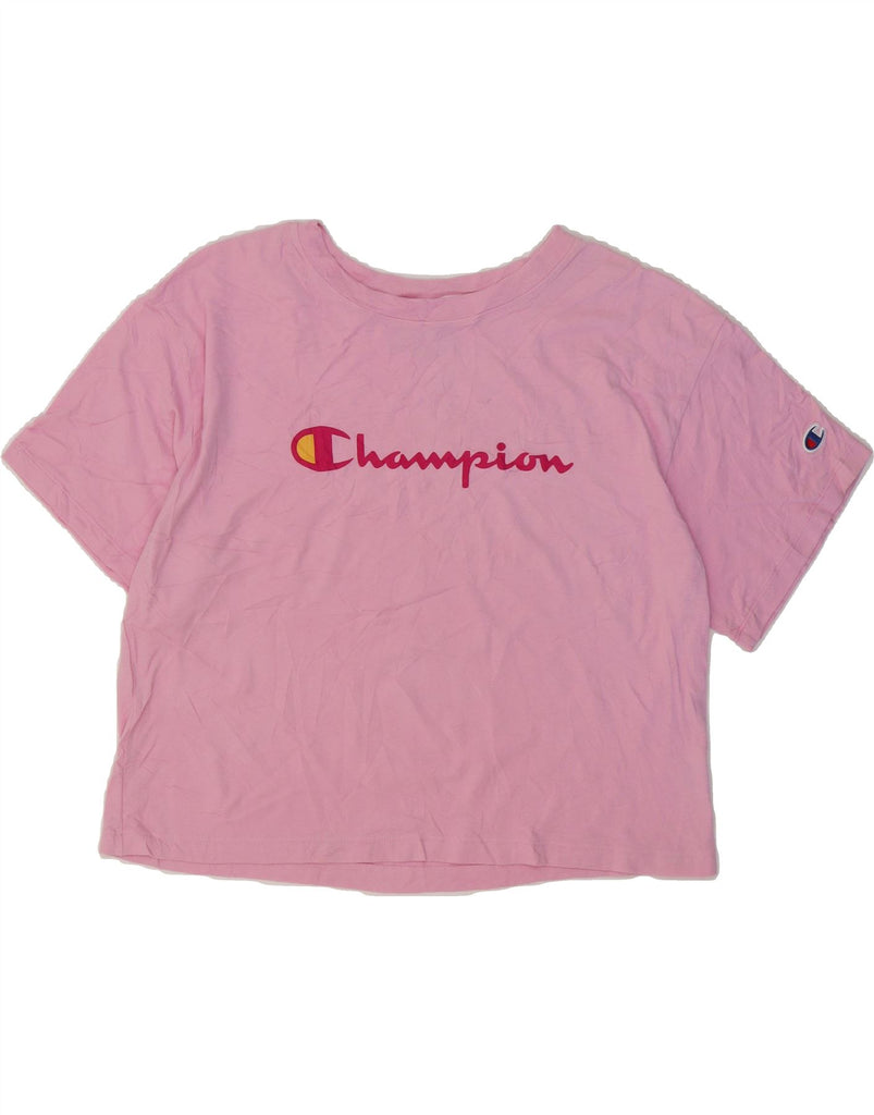 CHAMPION Womens Crop Graphic T-Shirt Top UK 14 Medium Pink Cotton Vintage Champion and Second-Hand Champion from Messina Hembry 