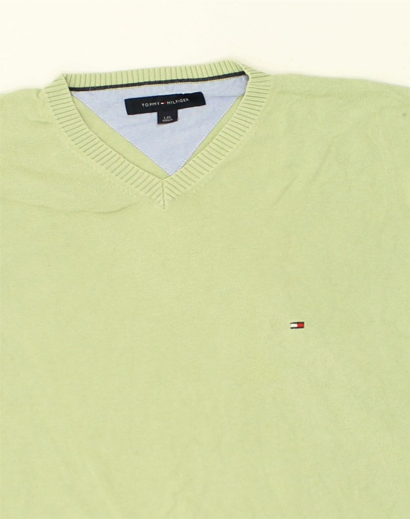 TOMMY HILFIGER Mens V-Neck Jumper Sweater Large Green Cotton | Vintage Tommy Hilfiger | Thrift | Second-Hand Tommy Hilfiger | Used Clothing | Messina Hembry 