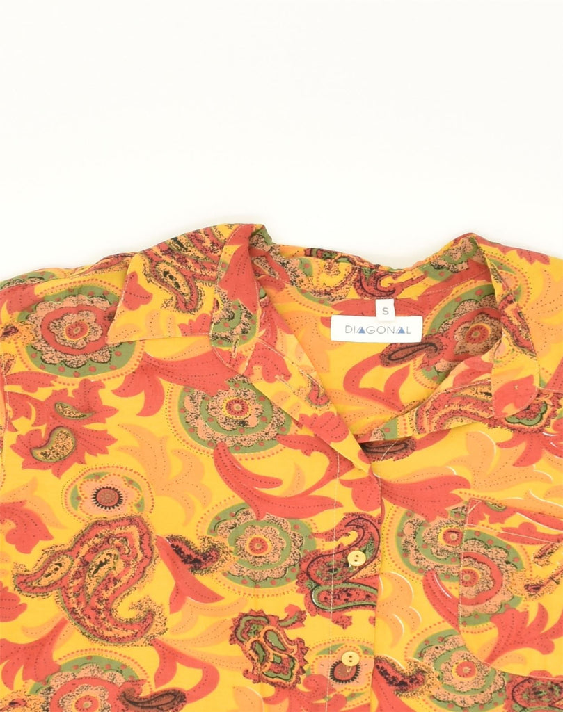 VINTAGE Womens Crazy Pattern Short Sleeve Shirt UK 10 Small Yellow Viscose | Vintage Vintage | Thrift | Second-Hand Vintage | Used Clothing | Messina Hembry 