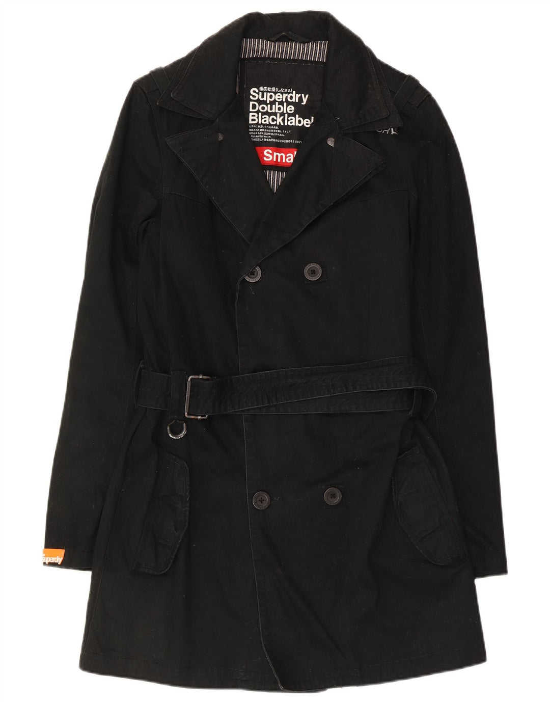 Superdry Mens Double Breasted Trench Coat UK 36 Small Black Cotton