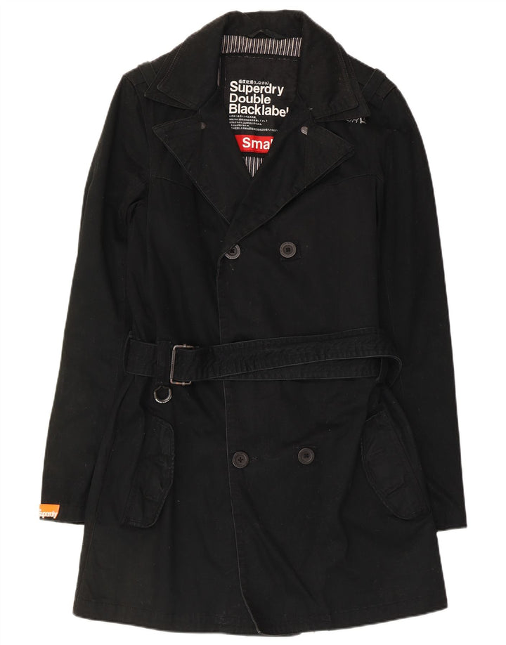 Superdry Mens Double Breasted Trench Coat UK 36 Small Black Cotton