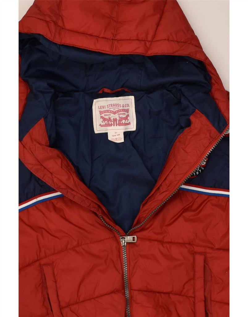 LEVI'S Boys Graphic Hooded Padded Jacket 7-8 Years Red Polyester | Vintage Levi's | Thrift | Second-Hand Levi's | Used Clothing | Messina Hembry 