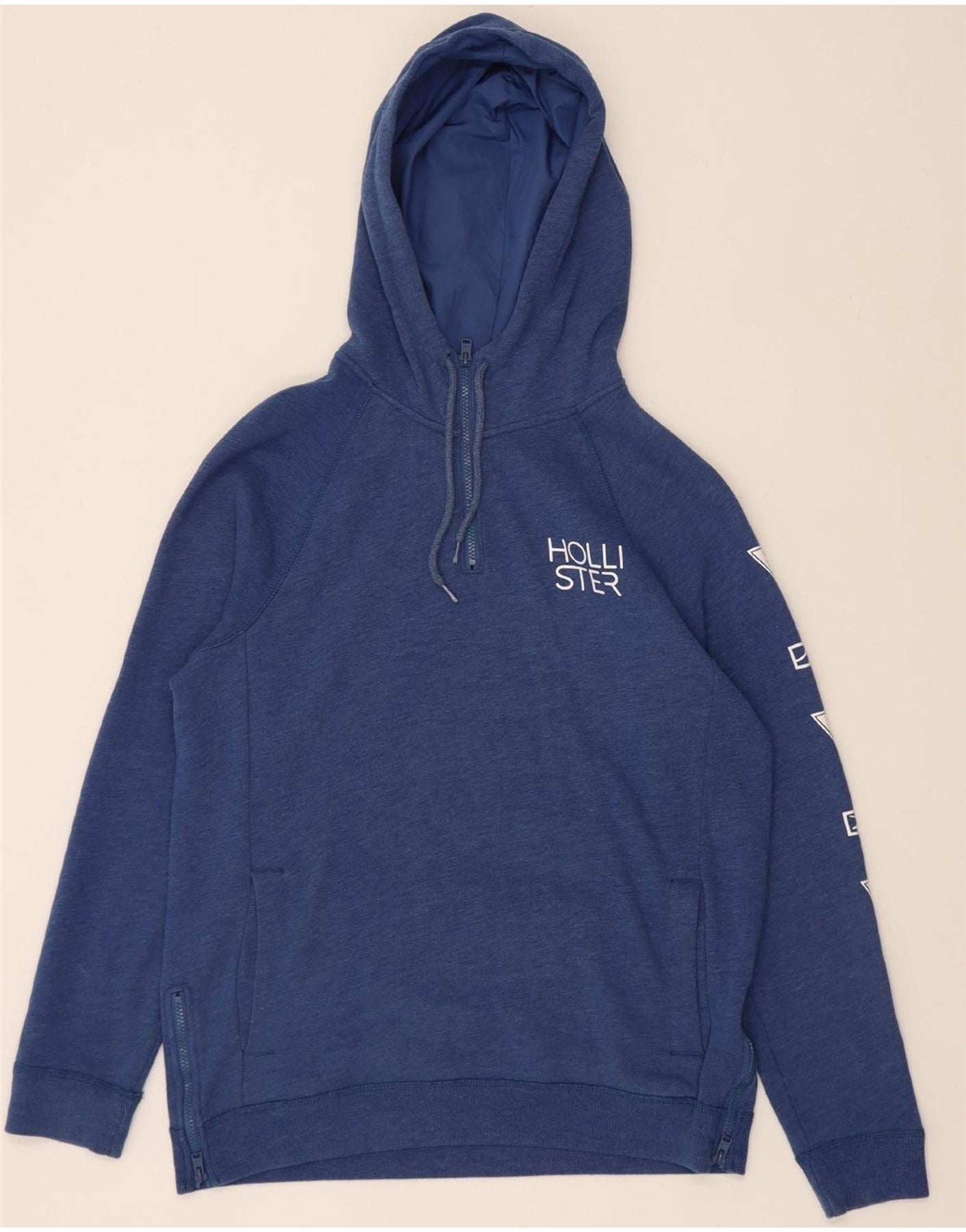 HOLLISTER Mens Graphic Zip Neck Hoodie Jumper Medium Blue Cotton