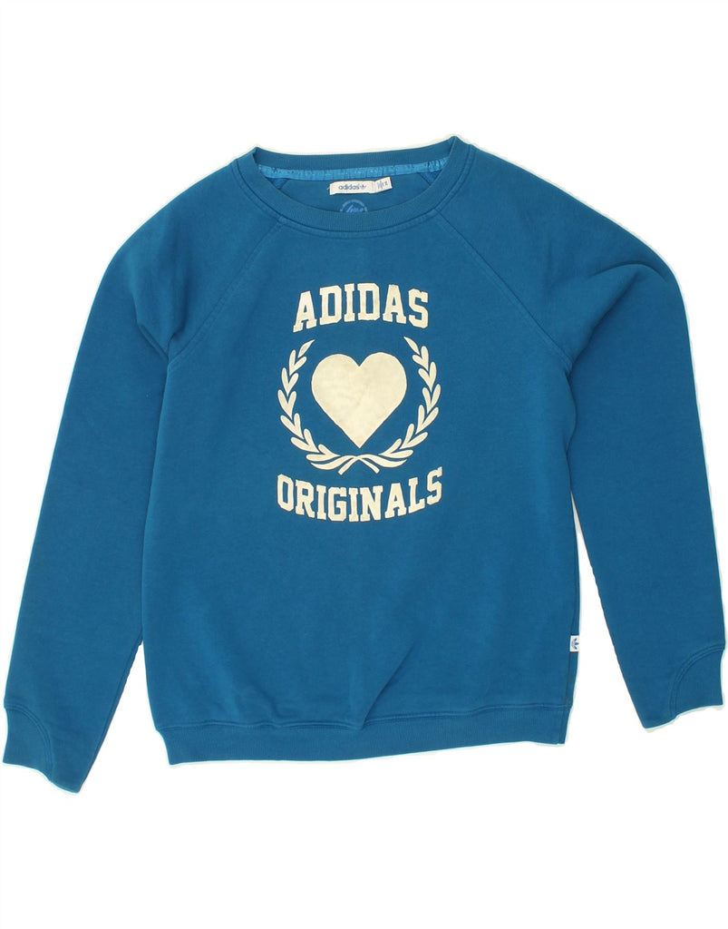 ADIDAS Womens Loose Fit Graphic Sweatshirt Jumper EU 36 XS Blue Cotton Vintage Adidas and Second-Hand Adidas from Messina Hembry 