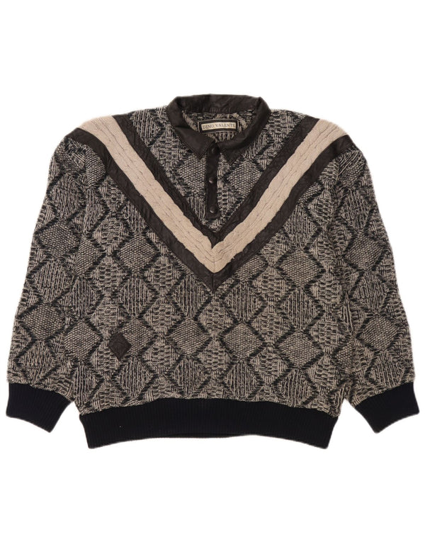 Vintage Mens Polo Neck Jumper Sweater Small Grey Geometric Acrylic