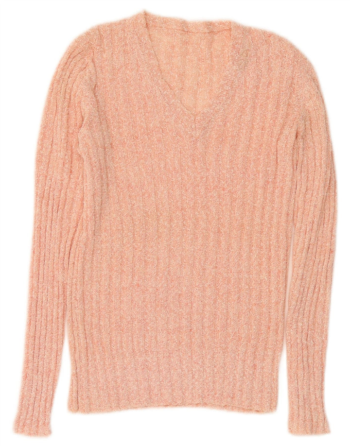 Vintage Womens V-Neck Jumper Sweater UK 12 Medium Pink Flecked