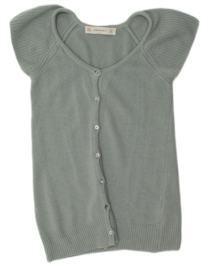 Zara Womens Short Sleeve Cardigan Sweater UK 12 Medium Green Wool