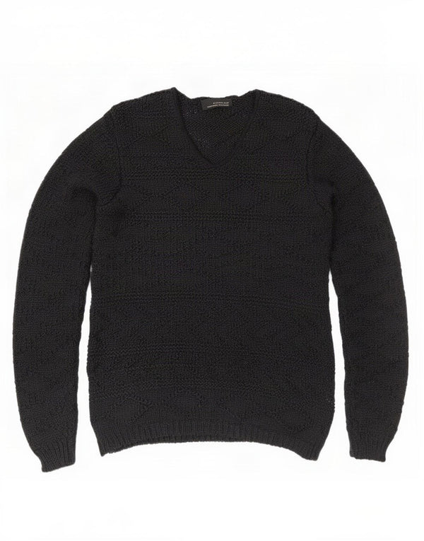 Zara Mens V-Neck Jumper Sweater Medium Black Acrylic