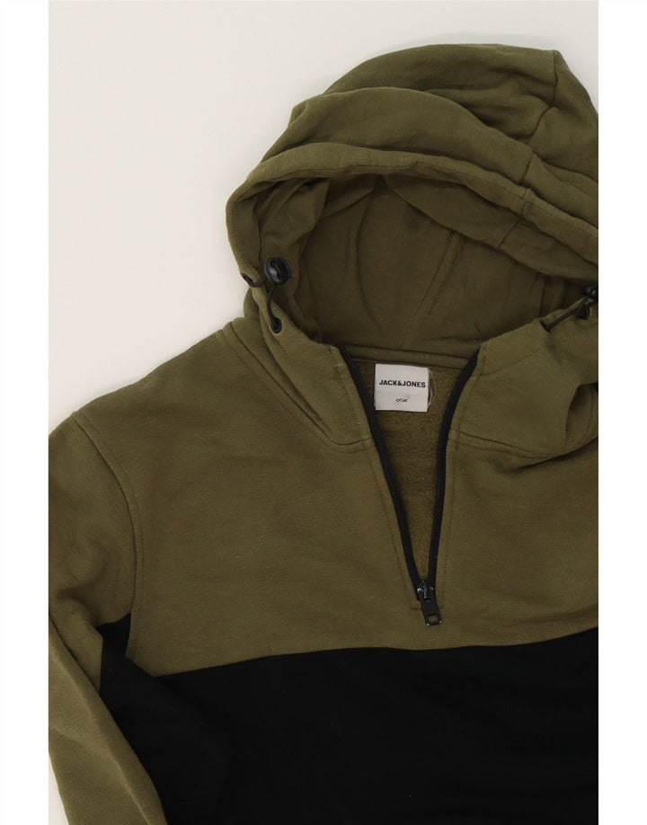 JACK & JONES Mens Zip Neck Hoodie Jumper Medium Khaki Colourblock Vintage Jack & Jones and Second-Hand Jack & Jones from Messina Hembry 
