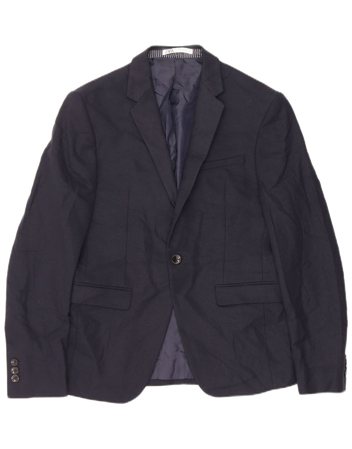 Zara Mens 1 Button Blazer Jacket EU 46 Small Navy Blue Polyester